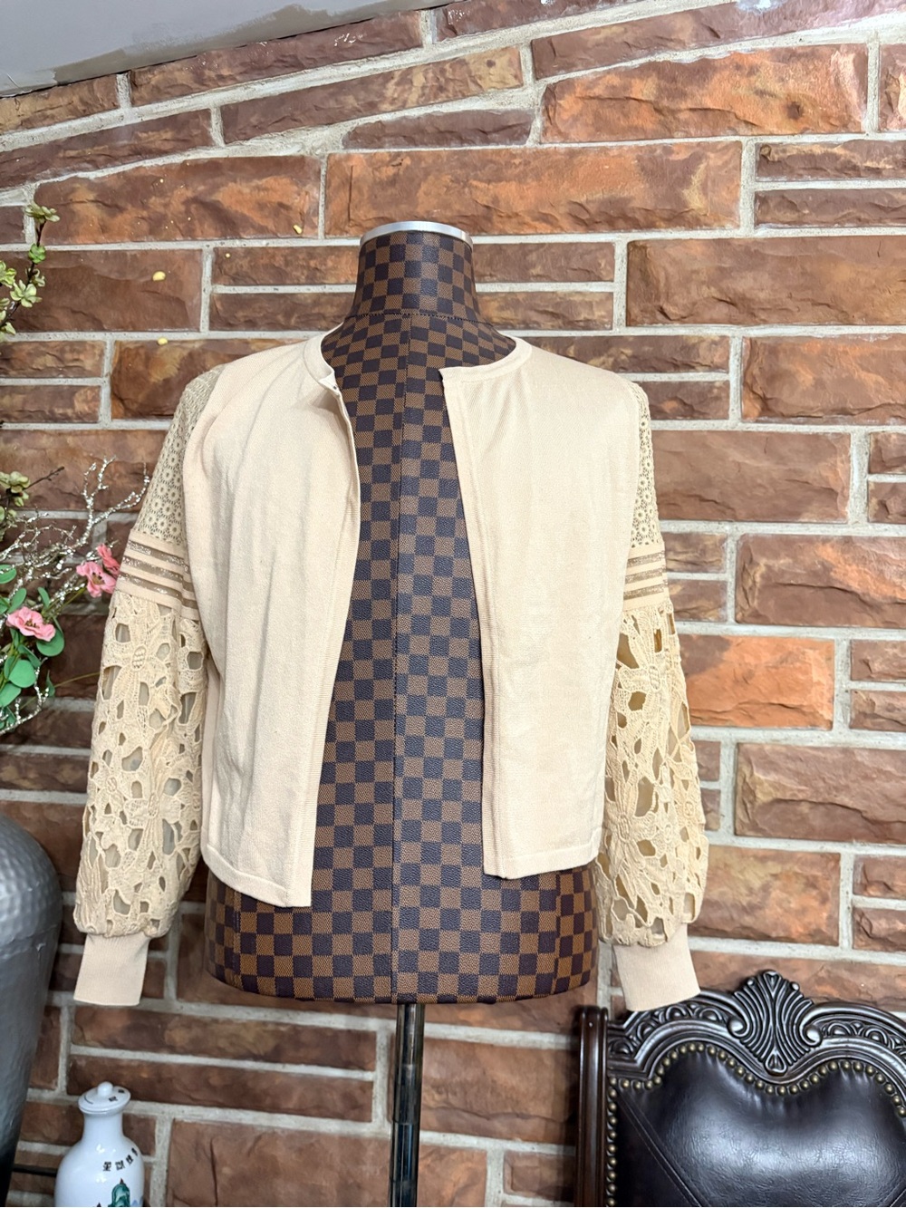 Sioni Cream Bomber Jacket with Crochet Lace Sleeves
